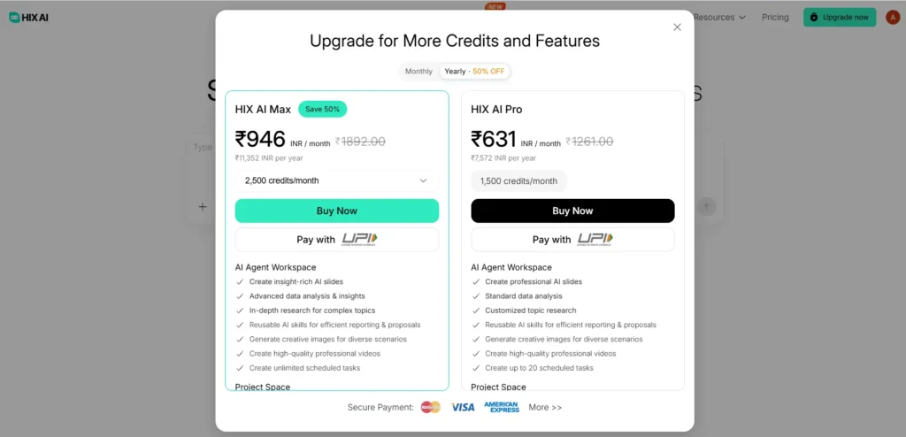 HIX.AI logged-in screen with an “Upgrade for More Credits and Features” window over the chat box, showing Max at ₹946 per month and Pro at ₹631 per month with yearly billing selected.
