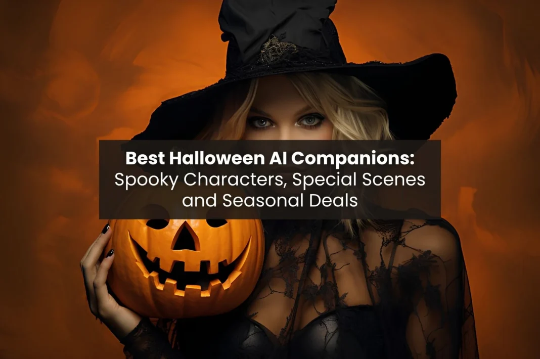Halloween-themed featured image showing a witch in a black hat holding a glowing jack-o'-lantern against an orange background, with the title Best Halloween AI Companions.