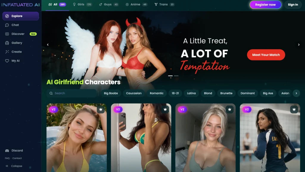 Infatuated AI homepage showcasing AI girlfriend characters alongside an angel-and-devil themed promotional banner.