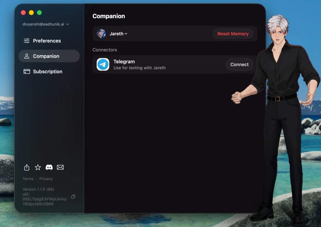 Jareth, a silver-haired male AI companion wearing a black outfit, displayed in the Animates desktop app.
