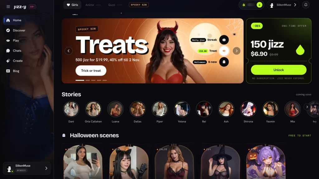 Jizzy AI homepage featuring Halloween scenes, spooky character designs, and a seasonal offer for bonus credits.
