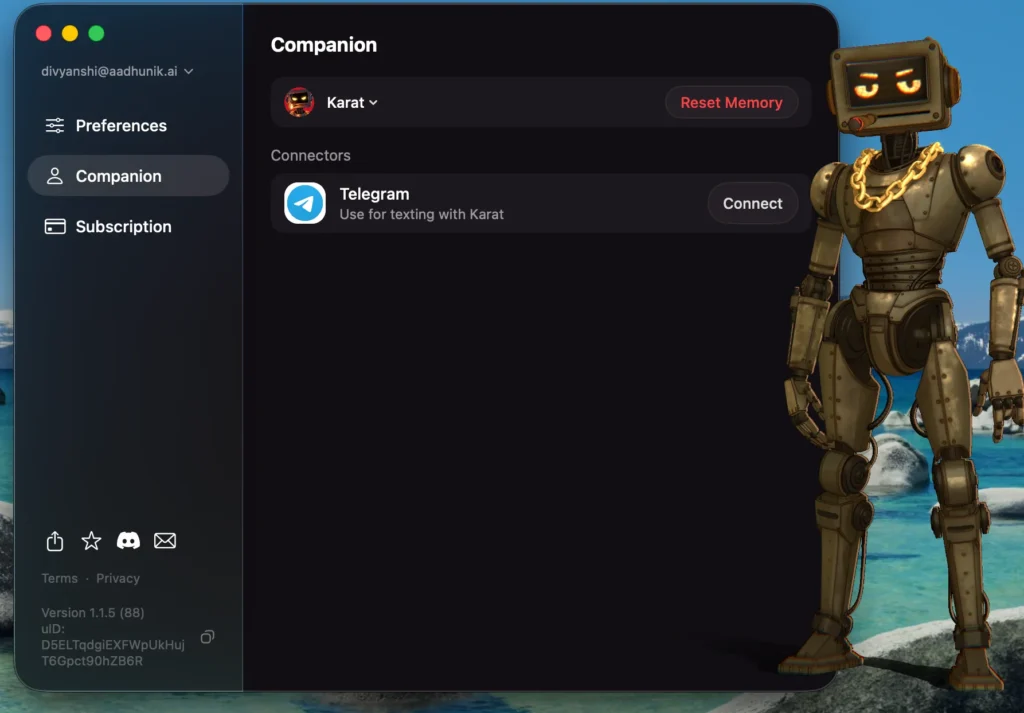 Karat, a bronze-colored robot AI companion with glowing eyes and a gold chain, shown in the Animates desktop app.