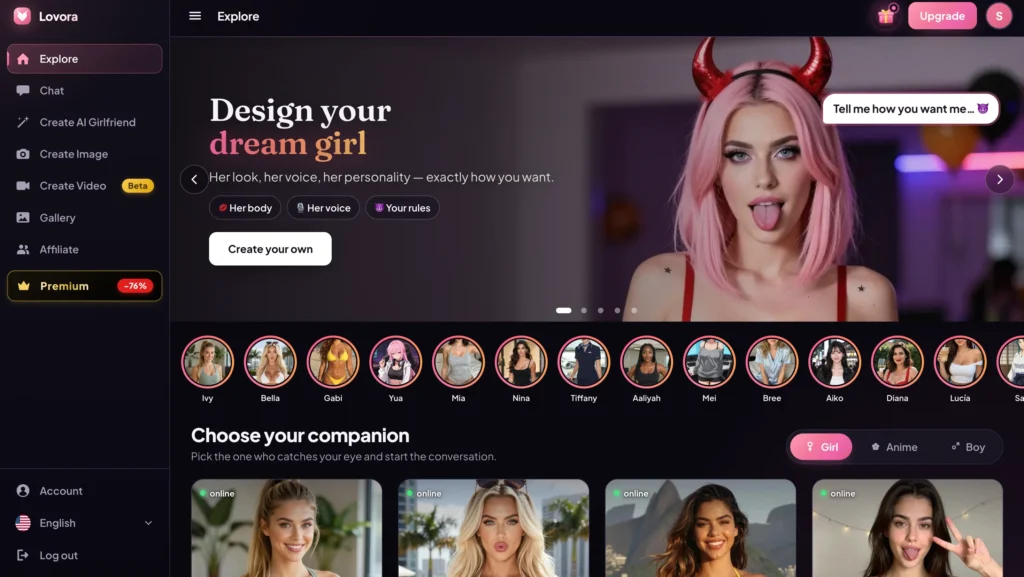 Lovora homepage showcasing a customizable AI girlfriend, with options for appearance, voice, personality, image generation, and video creation.