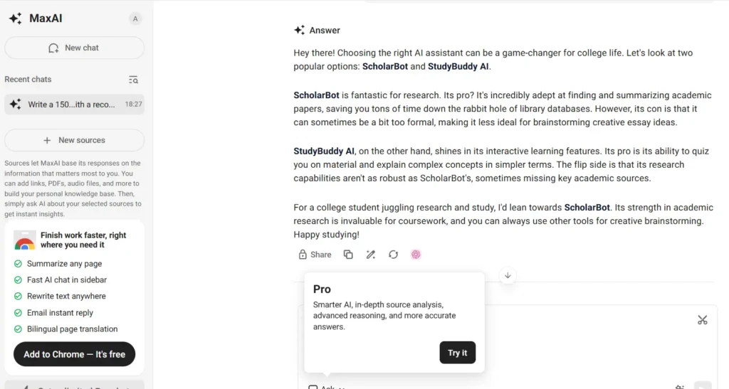 MaxAI reply comparing two products named ScholarBot and StudyBuddy AI for college students, recommending ScholarBot.