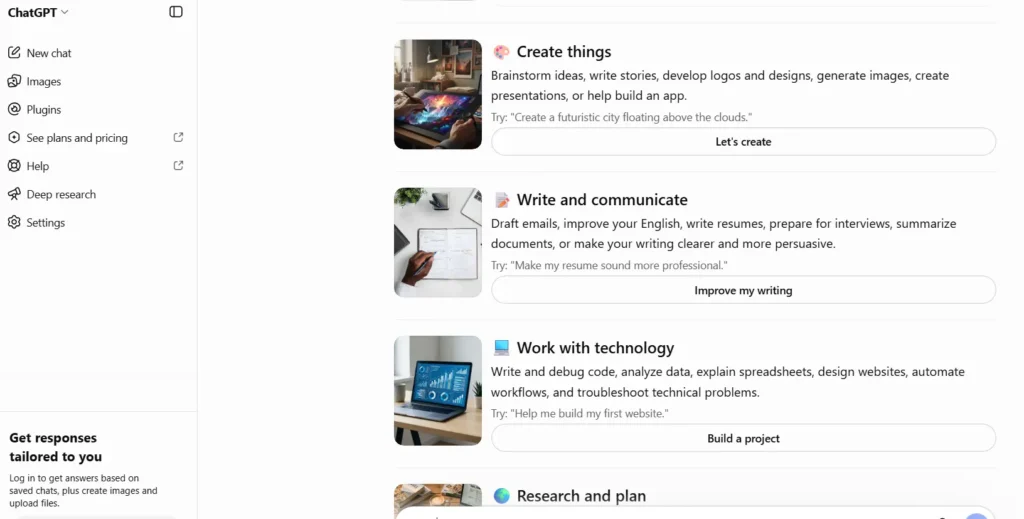 ChatGPT Work interface showing research, writing and technology tasks as a Meta Muse alternative