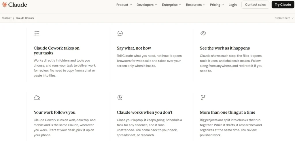 Claude Cowork homepage showing how it handles tasks, works with files and completes multi-step assignments