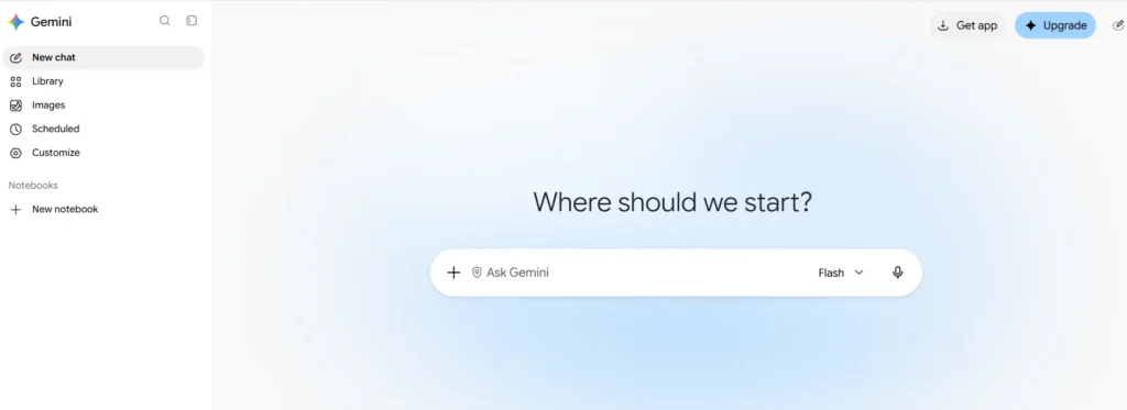 Google Gemini homepage showing its AI chat interface and prompt box