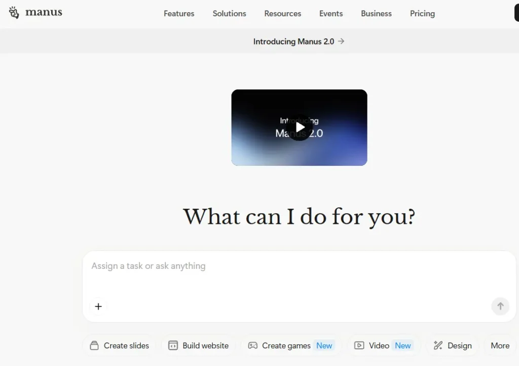 Manus homepage showing its AI agent interface for assigning tasks and creating deliverables