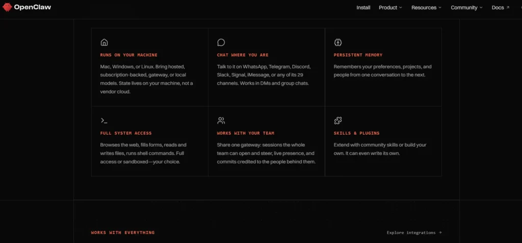OpenClaw homepage showing messaging integrations, persistent memory and self-hosted AI assistant features