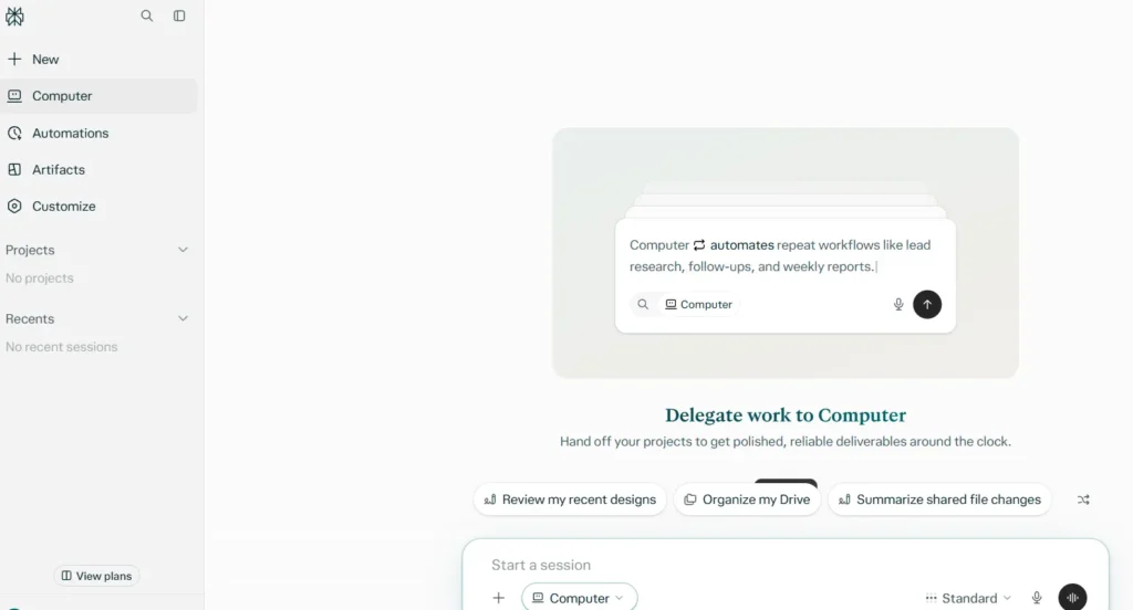 Perplexity Computer interface showing AI-powered task delegation and automated research workflows