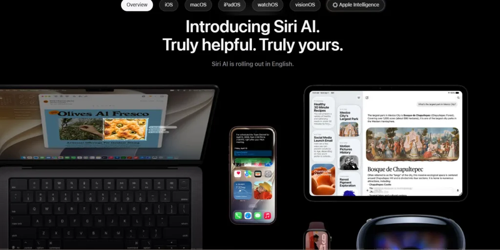 Apple Intelligence homepage showing Siri AI features across Mac, iPhone and iPad