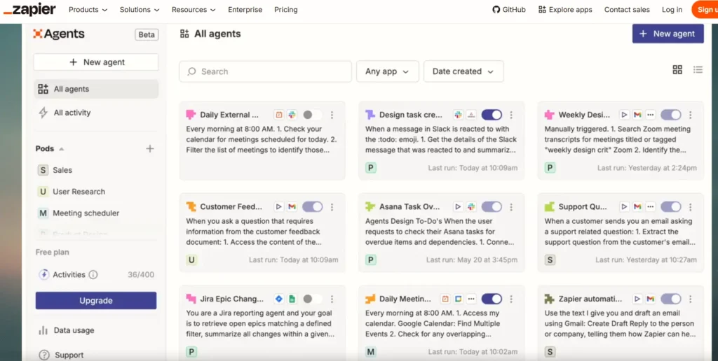 Zapier Agents dashboard showing AI agents and automated workflows connected to business apps