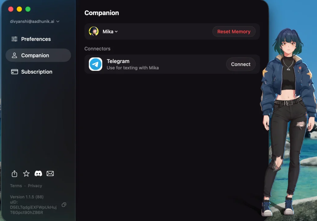 Mika, a blue-haired AI companion wearing a blue jacket and black jeans, displayed in the Animates desktop app.