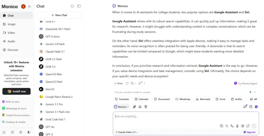 Monica chat on a free account showing a friendly comparison of Google Assistant and Siri for college students, with Claude Haiku 5.5 selected as the model.