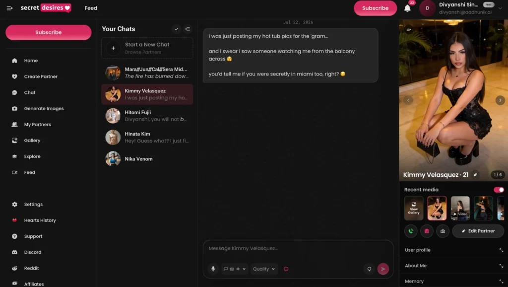 Secret Desires AI companion interface with voice interaction features.