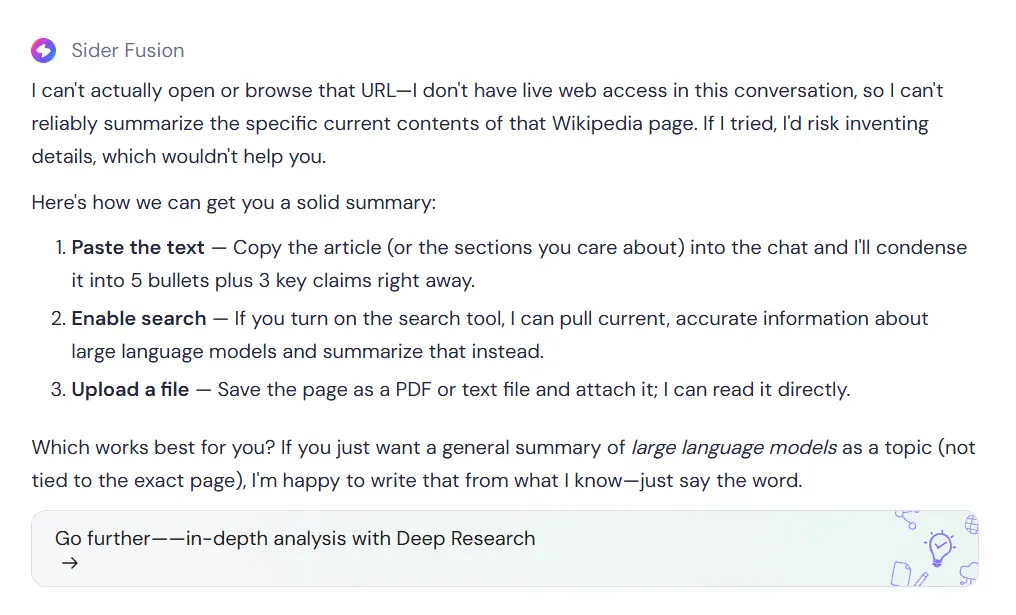 Sider Fusion reply saying it cannot open the supplied Wikipedia link, and offering to summarize if the text is pasted, search is enabled or a file is uploaded.