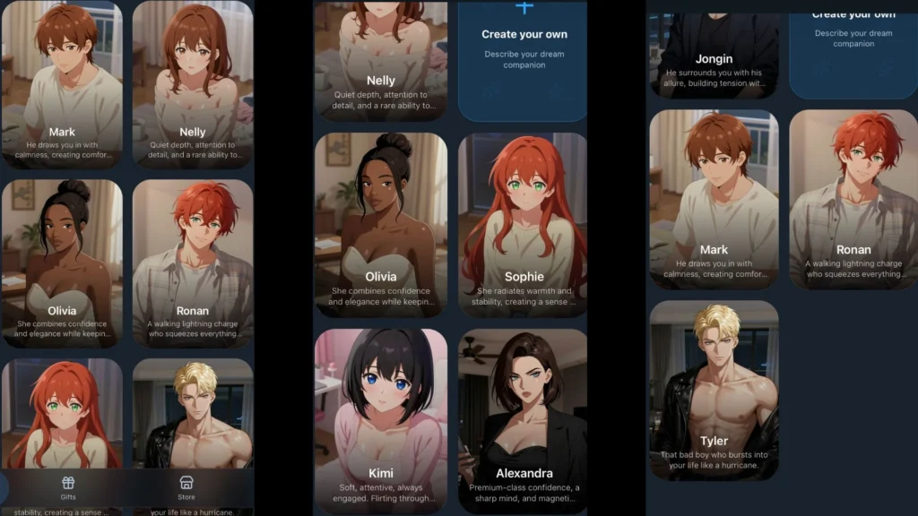 AI companion characters from Softiechat on Telegram.