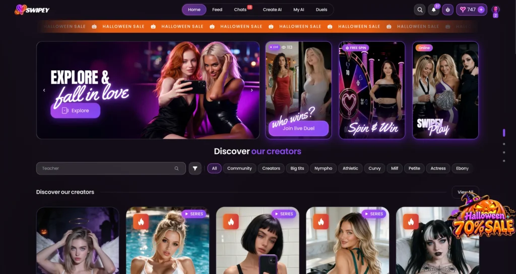 Swipey AI homepage featuring AI companion profiles, interactive features, and a Halloween sale banner advertising 70% off.
