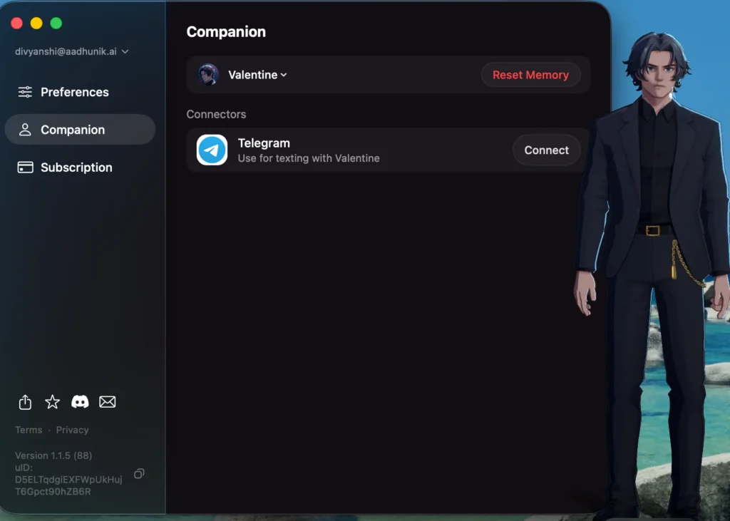 Valentine, a dark-haired male AI companion wearing a tailored black suit in the Animates desktop app.