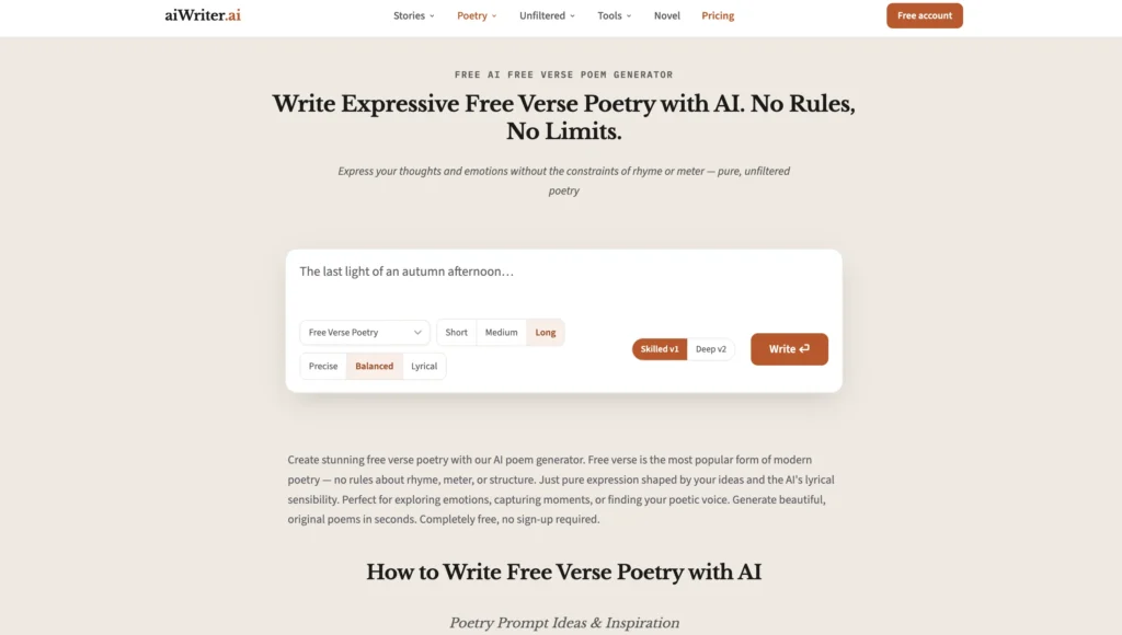 aiWriter.ai free verse poetry generator showing poem length options, writing styles, and AI model selection.