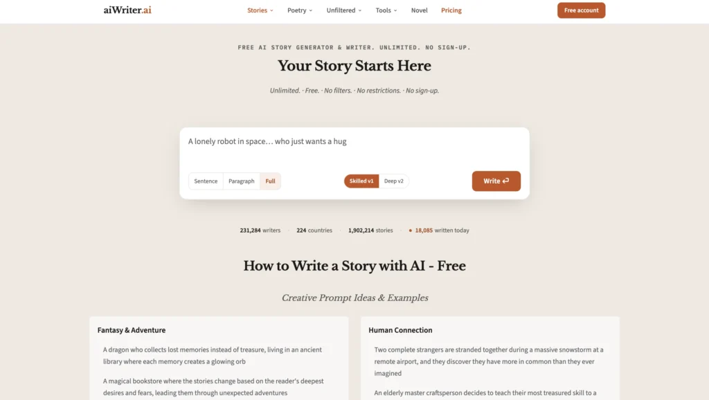 aiWriter.ai story generator interface with prompt input, writing length options, and Skilled v1 and Deep v2 models.