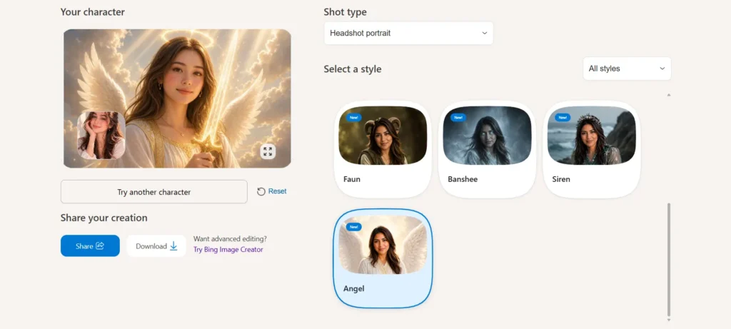 Bing Imagine Me As result showing a headshot portrait reimagined as an angel with golden wings, with Faun, Banshee, Siren and Angel styles