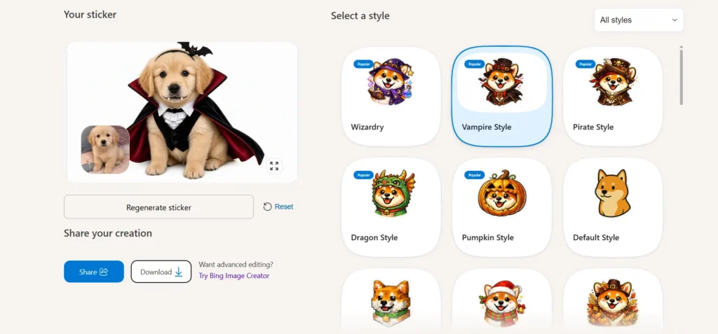 Bing AI Sticker Generator turning a golden retriever puppy photo into a vampire sticker with the Vampire Style selected