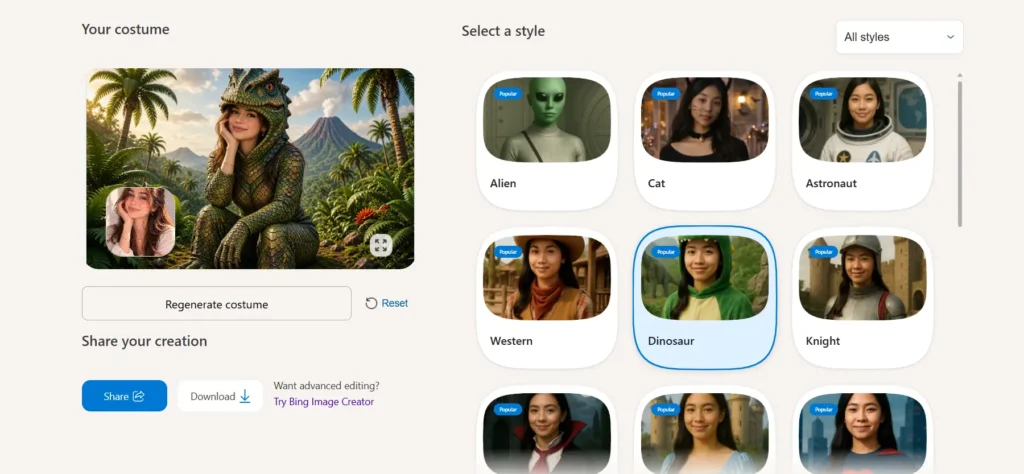 Bing AI Try on Costumes showing a woman in a dinosaur costume in a jungle with a volcano, with Dinosaur style selected
