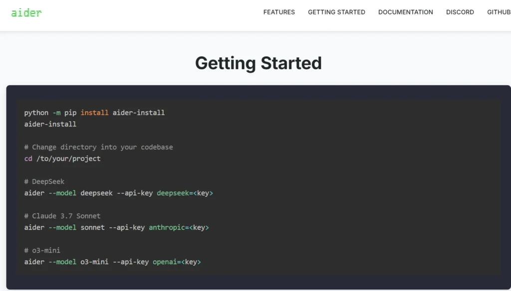 Aider Getting Started guide showing installation commands and model configuration examples for DeepSeek, Claude, and OpenAI.