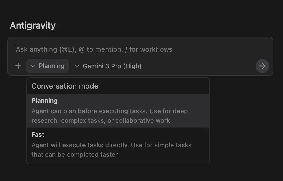 Google Antigravity product preview showing a code editor alongside an AI agent prompt with planning and Gemini model options.