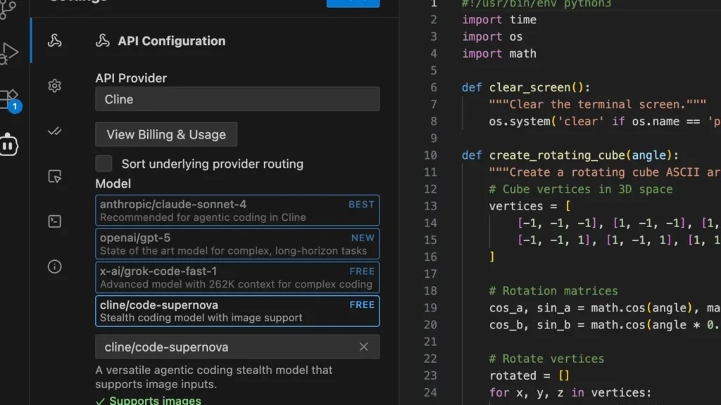 Cline official website showing its coding interface and model selector with several available AI models.
