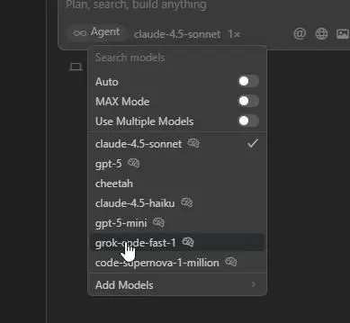 Cursor AI coding workspace showing the model selector with Grok, Claude, Gemini, and other available models.