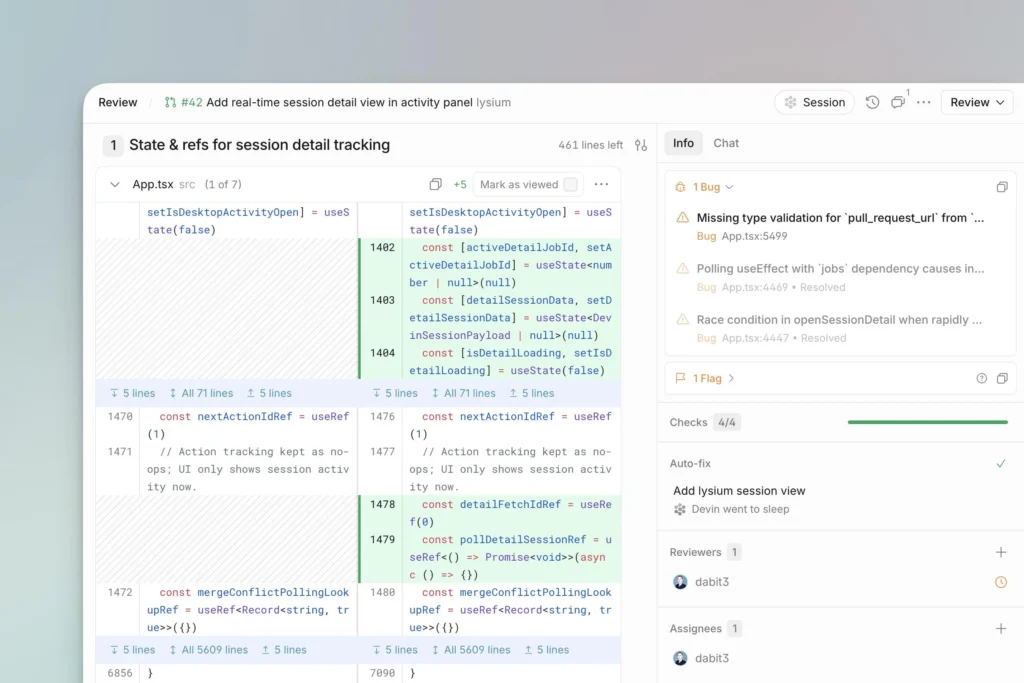 Devin coding agent interface showing development sessions, an enterprise single sign-on task, pull request details, and test results.
