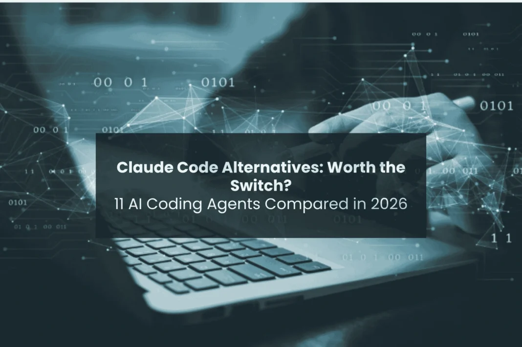 Claude Code alternatives featured image showing a laptop with digital network graphics and the headline “Claude Code Alternatives: Worth the Switch?”