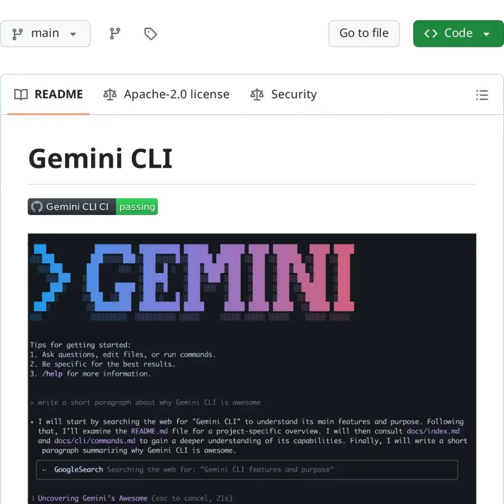 Google Gemini CLI GitHub repository showing its source code, Apache 2.0 licence, documentation folders, and project description.