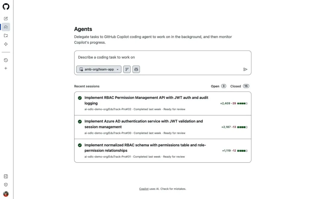 GitHub Copilot dashboard showing the prompt box and actions for debugging, agent tasks, issue creation, and code writing.