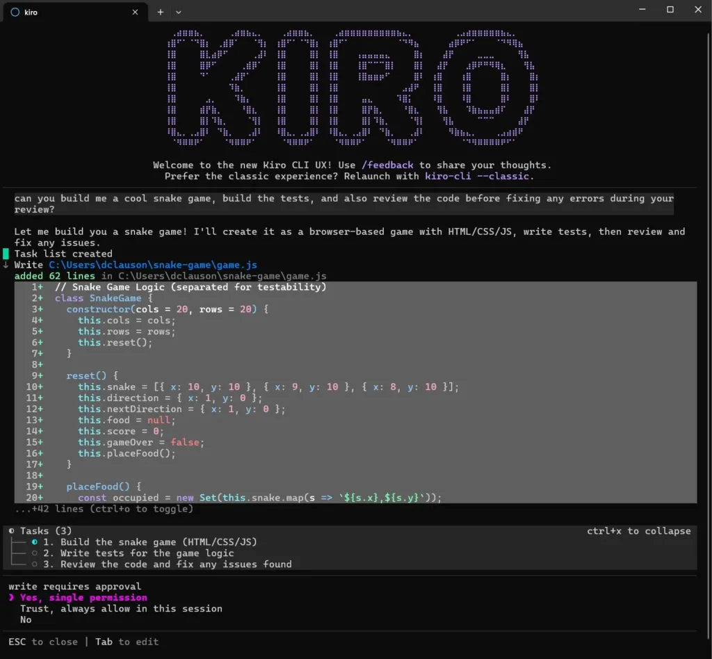 Kiro product page showing its AI coding workspace and terminal interface for the Kiro CLI.