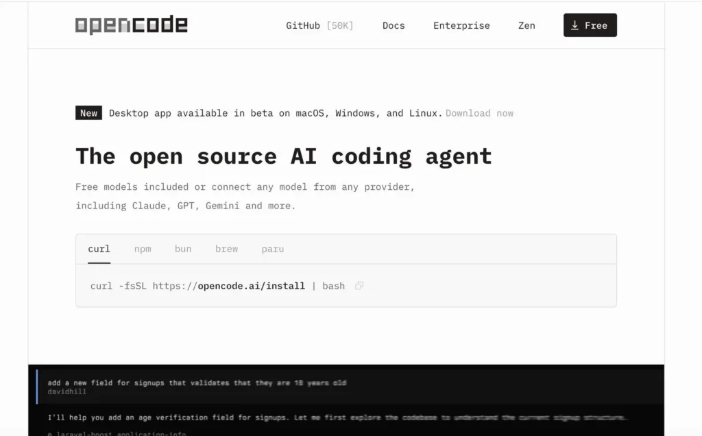 OpenCode official homepage describing its open-source AI coding agent, supported model providers, and installation commands.