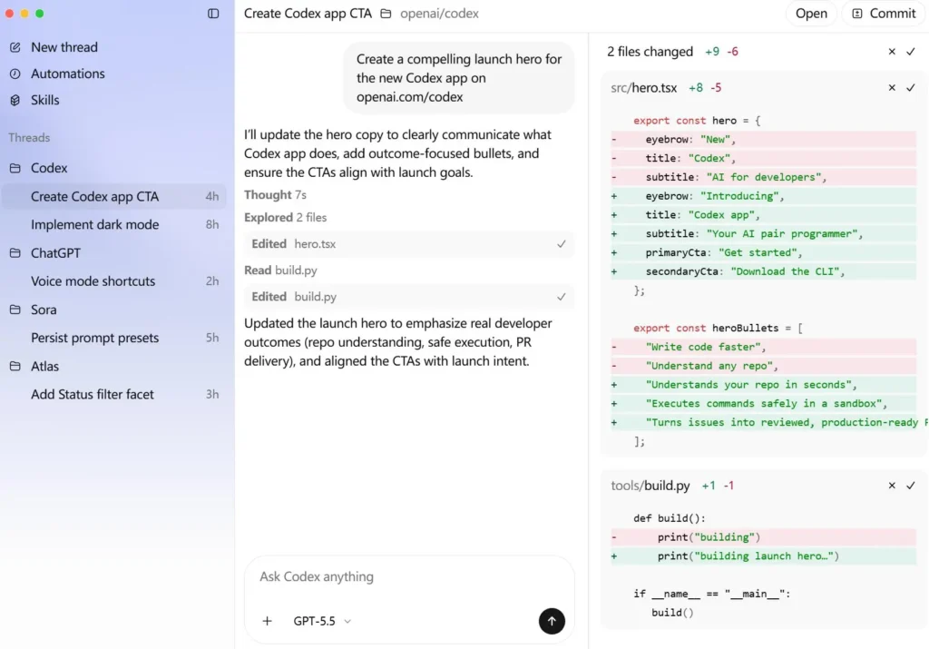 OpenAI Codex app interface showing a coding task prompt, recent development tasks, and project folders.
