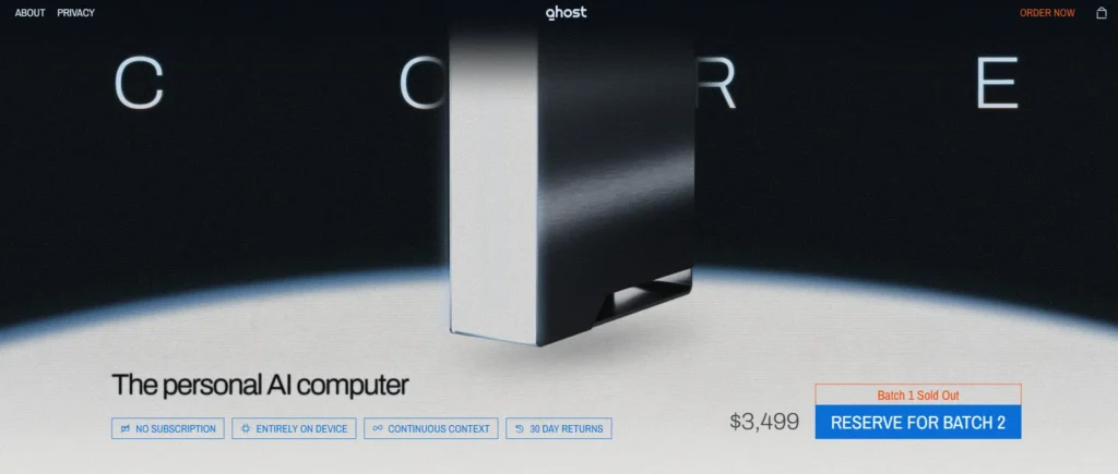 Ghost Core personal AI computer, a compact screenless desktop device shown against a dark background with text displaying "The personal AI computer" and a $3,499 price tag.