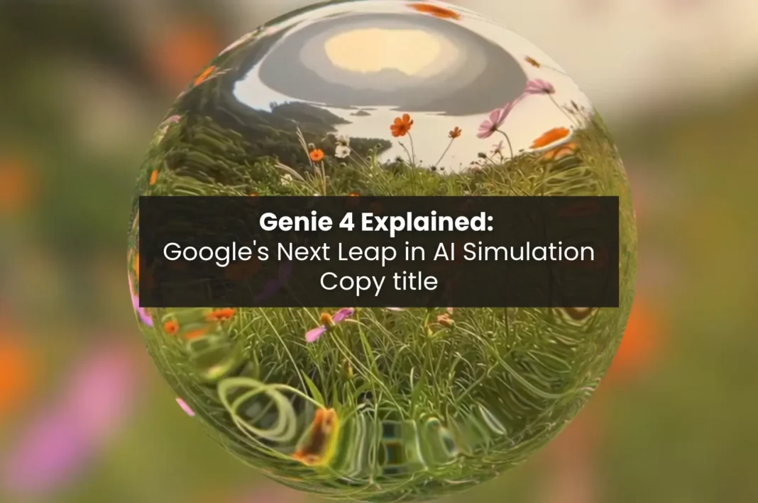 Conceptual illustration of Google DeepMind's Genie 4 featuring a futuristic sphere with interactive digital scenes surrounded by glowing circuit patterns.