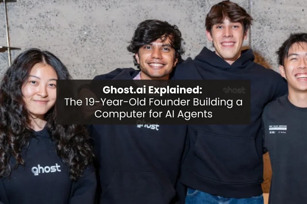 Team members behind Ghost.ai, including 19-year-old CEO Zain Javaid, with text overlay reading 