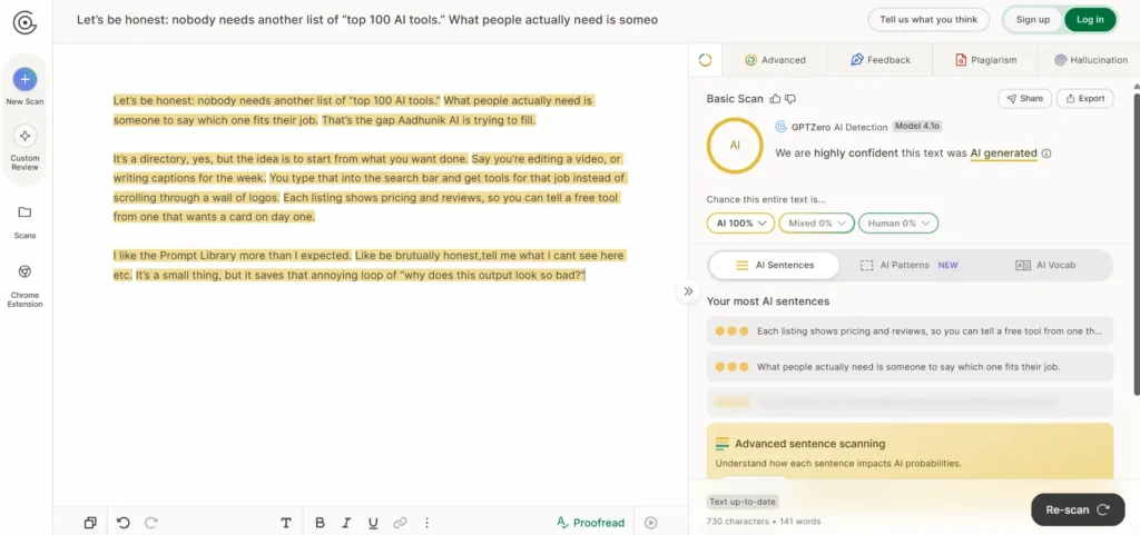 GPTZero basic scan showing AI 100%, Mixed 0%, Human 0% for the 141-word rewritten text, with all sentences highlighted as AI-generated