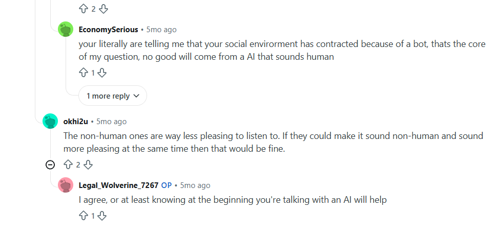 Reddit replies debating whether AI should sound human, with the thread's original poster saying it would help to know upfront you are talking to an AI.