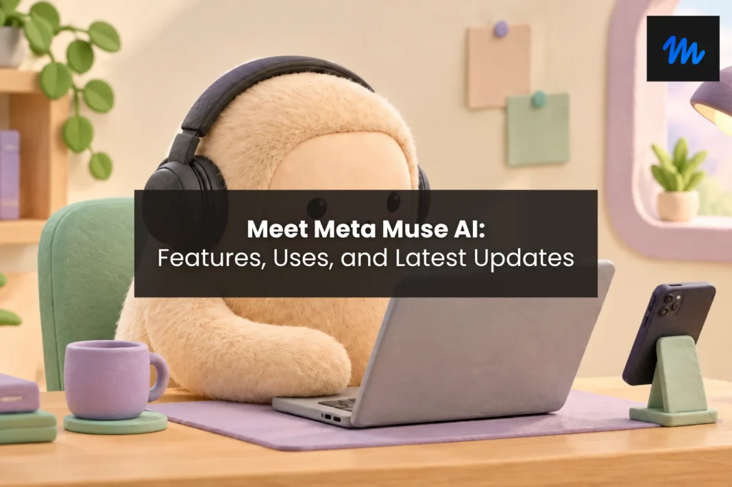 Meta Muse AI concept represented by a cute AI mascot using a laptop.
