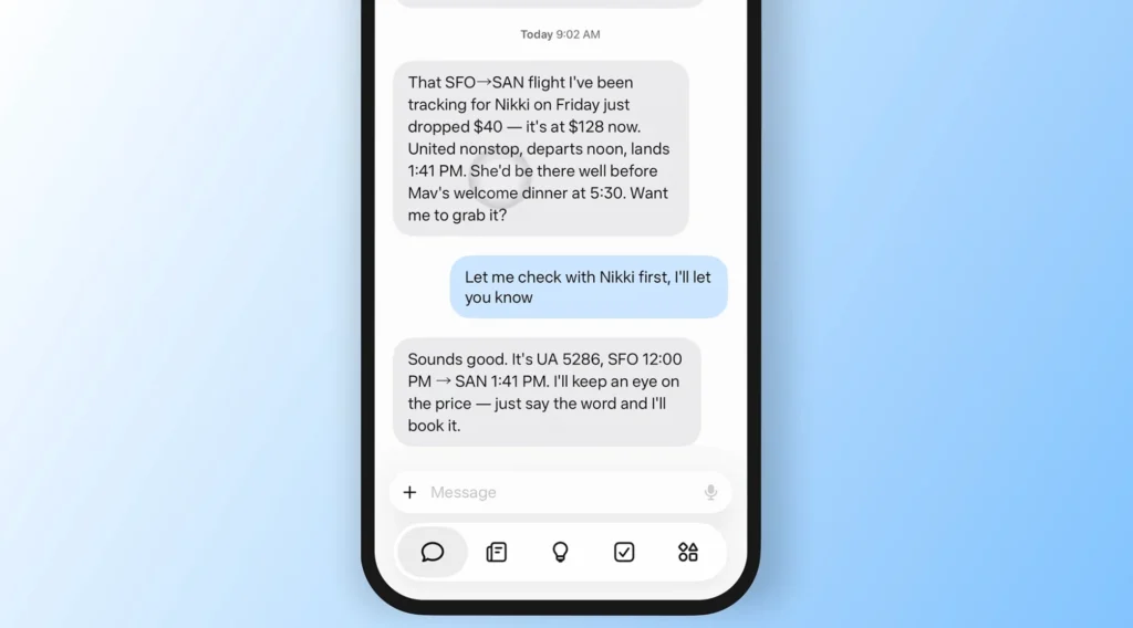AI assistant preparing booking details in a smartphone chat.