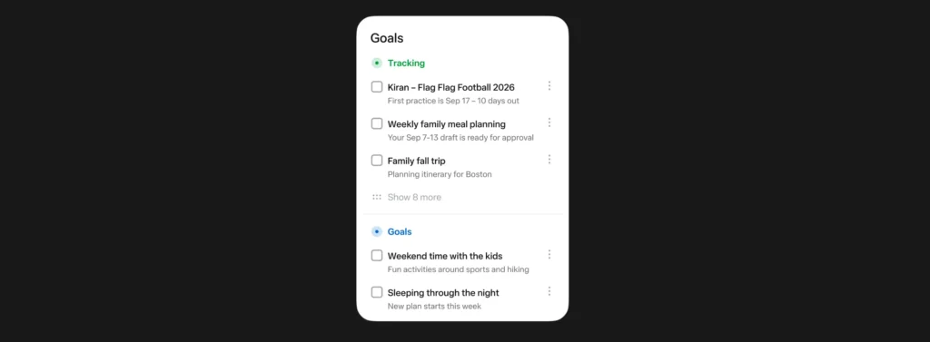 AI assistant interface showing tracked goals, family meal planning, and personal tasks.