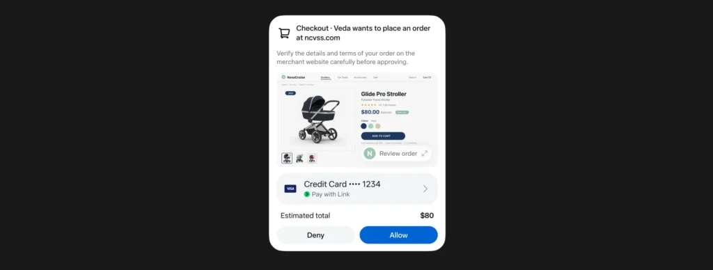 AI shopping checkout showing product details and options to approve or deny an order.