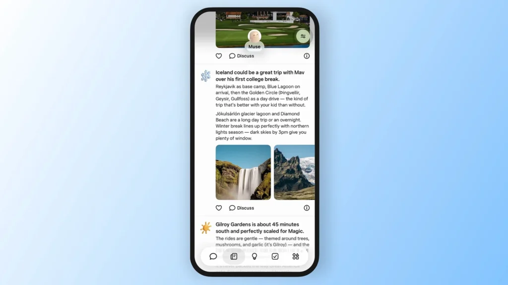 Muse AI feed displaying personalized travel posts, destination images, and recommendations.