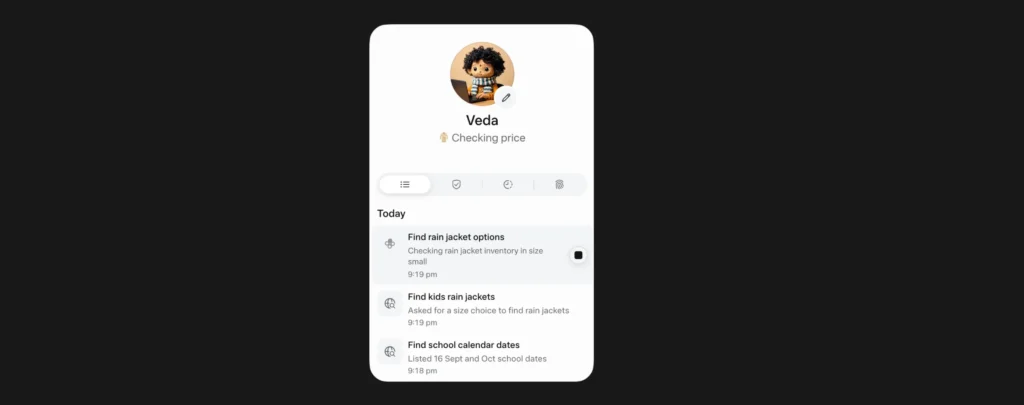 AI assistant task list showing shopping research and school calendar tasks.
